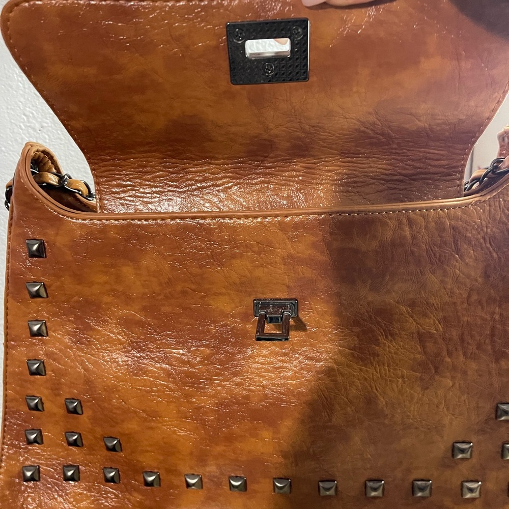 Studded Tan Leather Shoulder Bag - Picture 6 of 12
